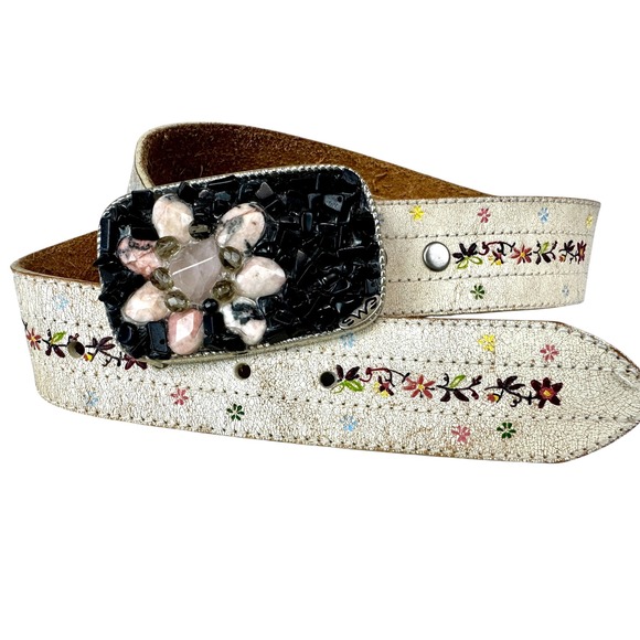 Vintage Buckle Co Leather Belt Mosaic Stone Floral Buckle Distressed White Med